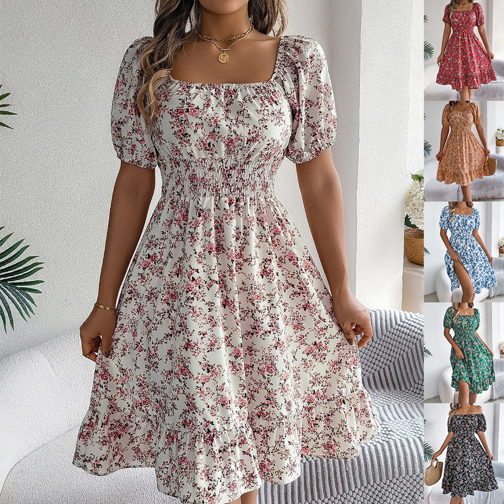 Robe à fleur pour femme, col carré, mode estivale