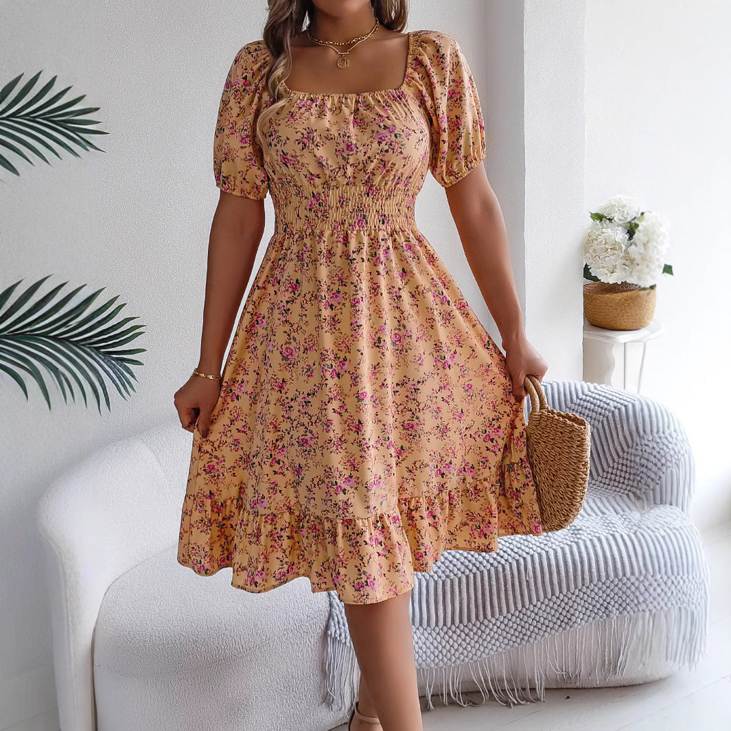 Robe à fleur pour femme, col carré, mode estivale