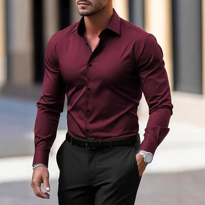 Chemise homme boutonnée, couleur unie, manches longues, revers, style décontracté, idéal pour les vacances