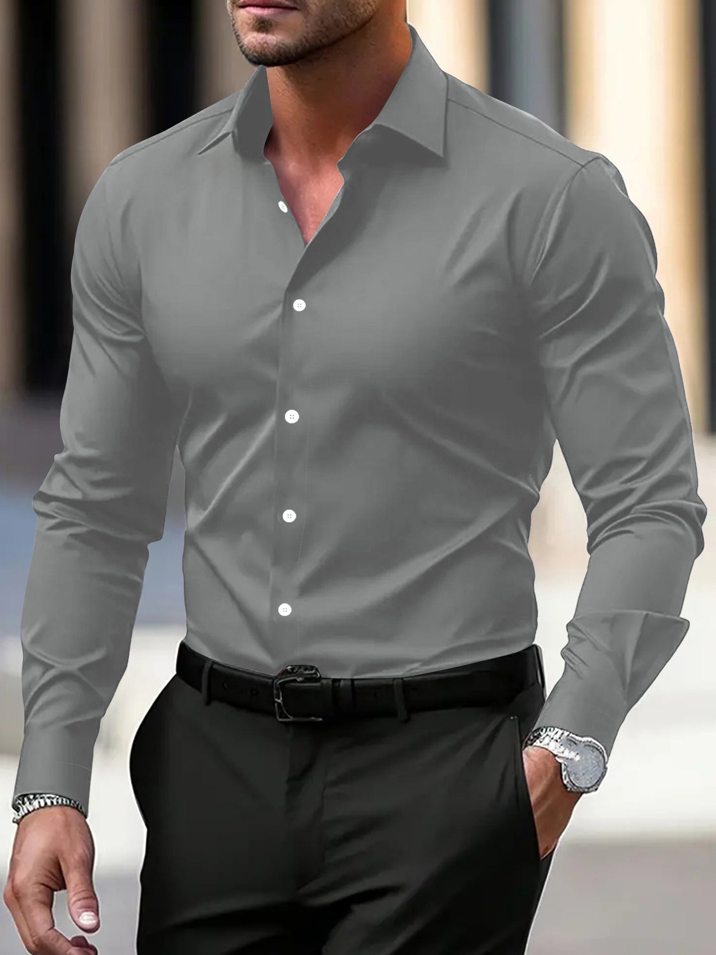 Chemise homme boutonnée, couleur unie, manches longues, revers, style décontracté, idéal pour les vacances