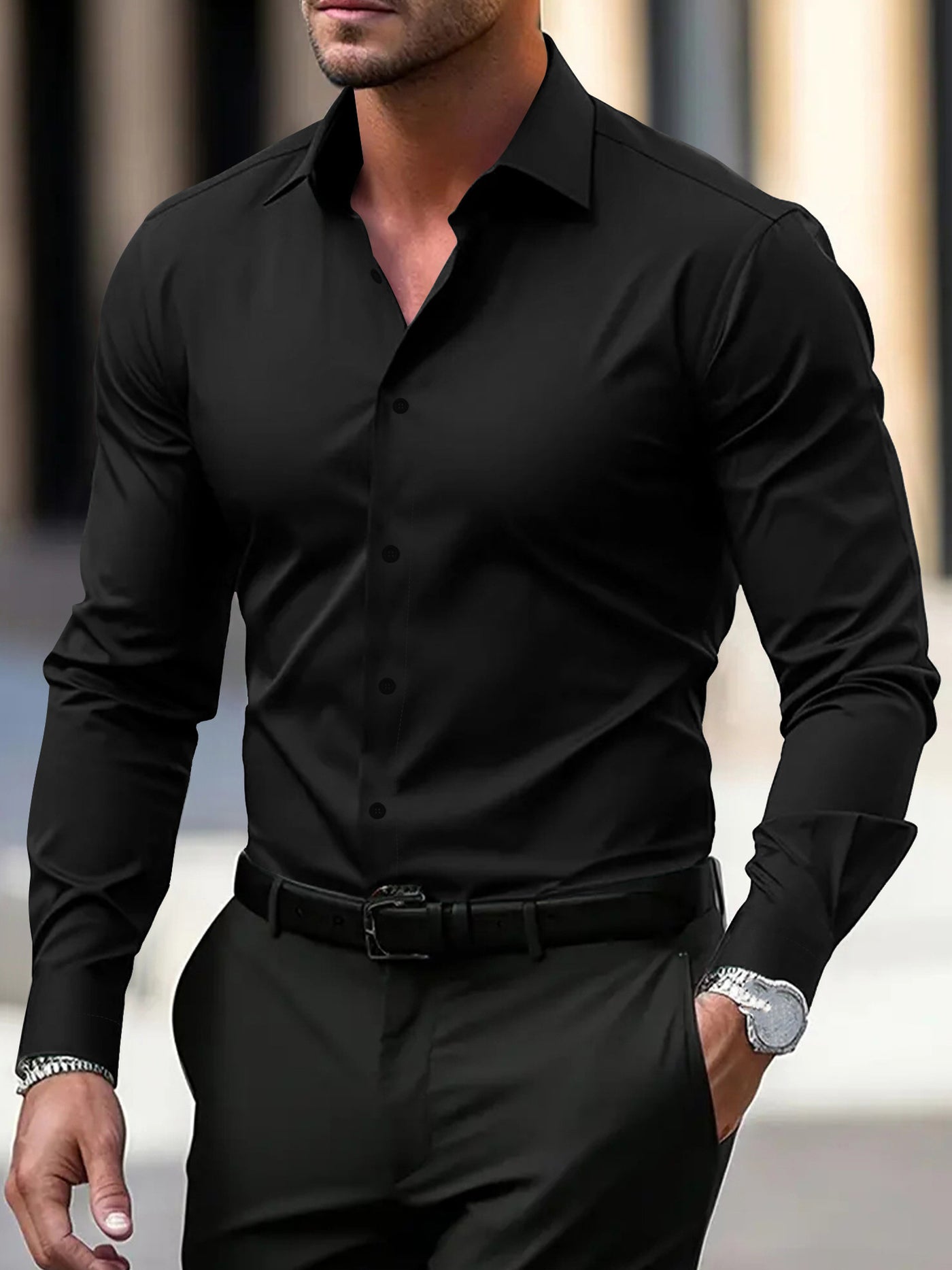 Chemise homme boutonnée, couleur unie, manches longues, revers, style décontracté, idéal pour les vacances