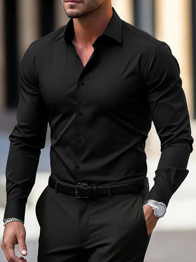 Chemise homme boutonnée, couleur unie, manches longues, revers, style décontracté, idéal pour les vacances
