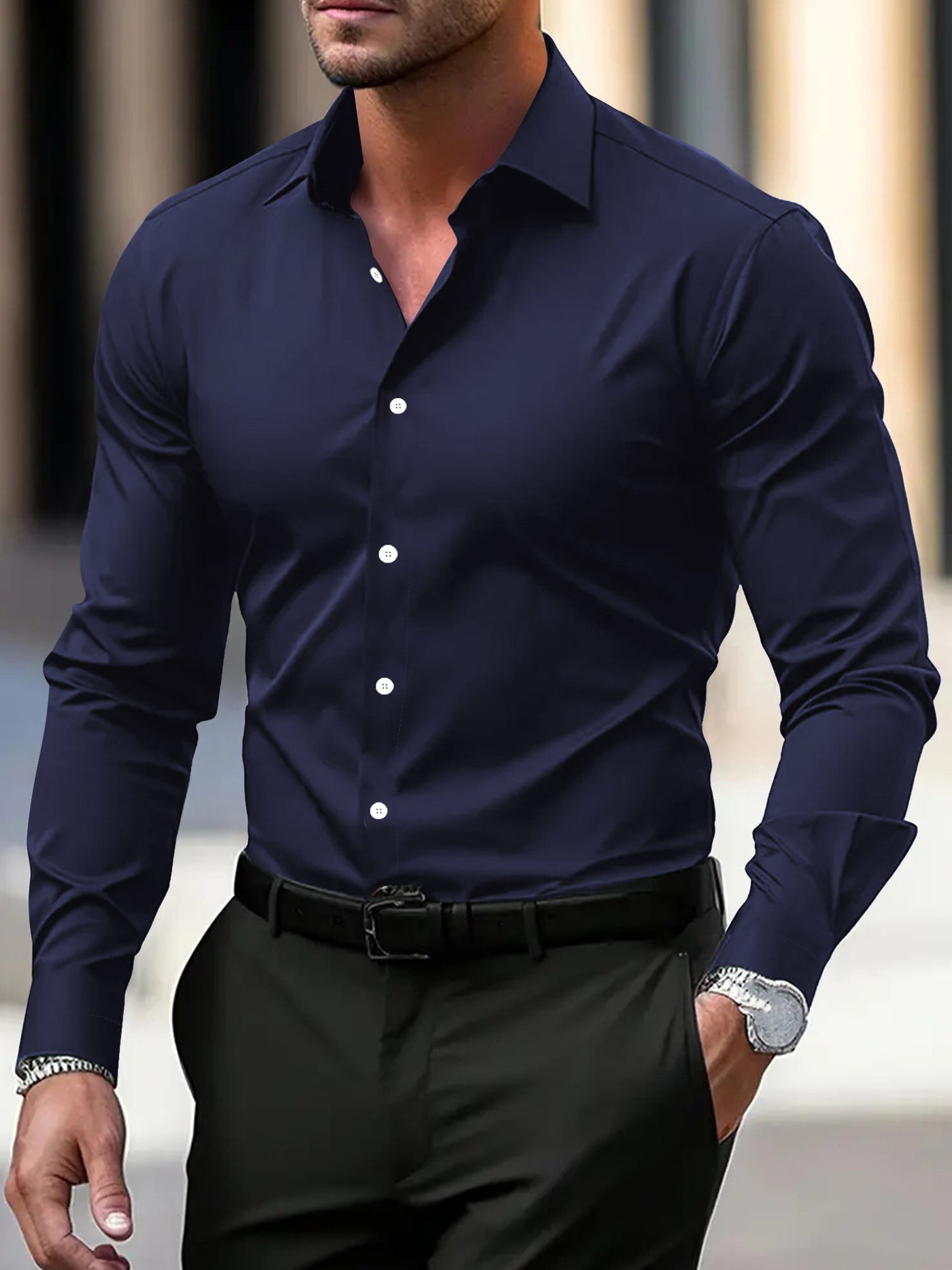 Chemise homme boutonnée, couleur unie, manches longues, revers, style décontracté, idéal pour les vacances