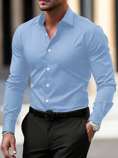Chemise homme boutonnée, couleur unie, manches longues, revers, style décontracté, idéal pour les vacances