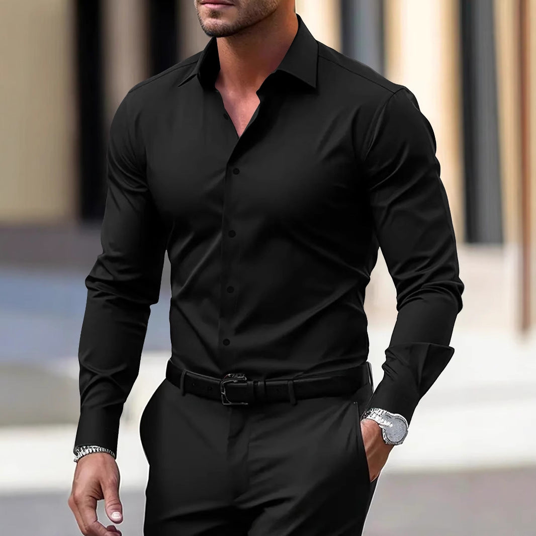 Chemise homme boutonnée, couleur unie, manches longues, revers, style décontracté, idéal pour les vacances