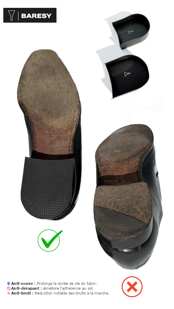 Coque protectrice talon chaussures homme - anti-usure, anti-dérapant, anti-bruit , en caoutchouc pour talons chaussures, Coque, protection talon, chaussures homme, Chaussures de ville - COQUE SHOES BARESY