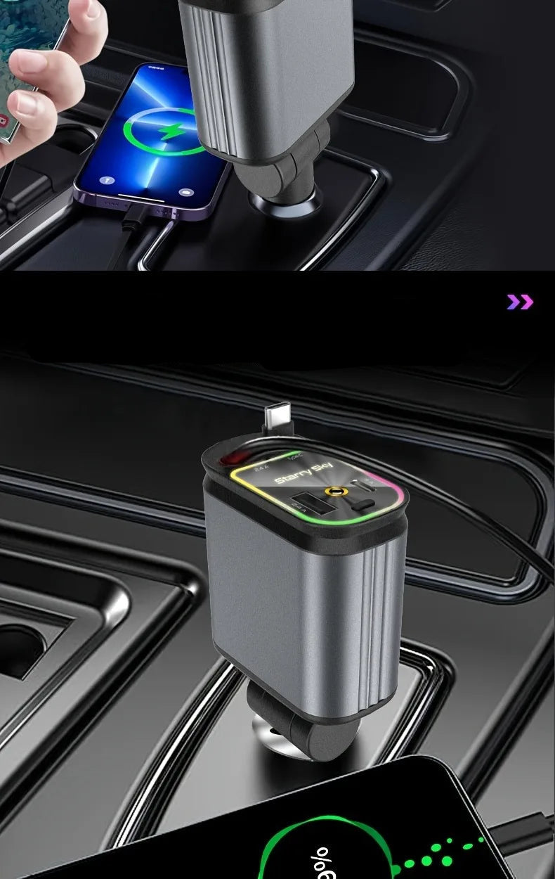 Chargeur voiture rétractable Starlight 4 en 1 – Câble USB Type-C à charge rapide pour iPhone et autres