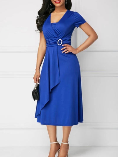 Robes d'été élégantes pour femmes, couleur unie, manches courtes, col en V, ourlet asymétrique, taille serrée, mi-longue, robe de soirée pour dames