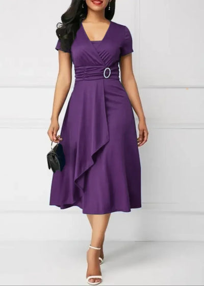 Robes d'été élégantes pour femmes, couleur unie, manches courtes, col en V, ourlet asymétrique, taille serrée, mi-longue, robe de soirée pour dames