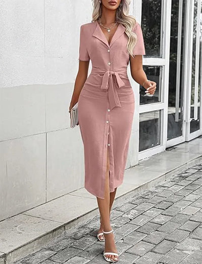 Robe d'été à revers, couleur unie, sexy, col en V, ceinture nouée, manches courtes, manches longues, ourlet fendu, coupe ajustée, simple boutonnage, pour femmes