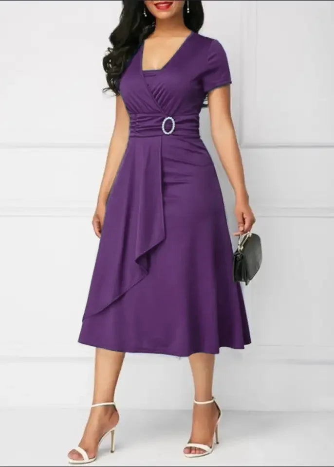 Robes d'été élégantes pour femmes, couleur unie, manches courtes, col en V, ourlet asymétrique, taille serrée, mi-longue, robe de soirée pour dames