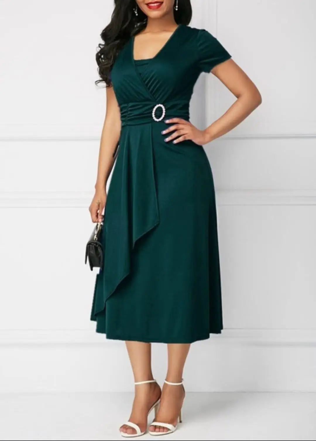 Robes d'été élégantes pour femmes, couleur unie, manches courtes, col en V, ourlet asymétrique, taille serrée, mi-longue, robe de soirée pour dames