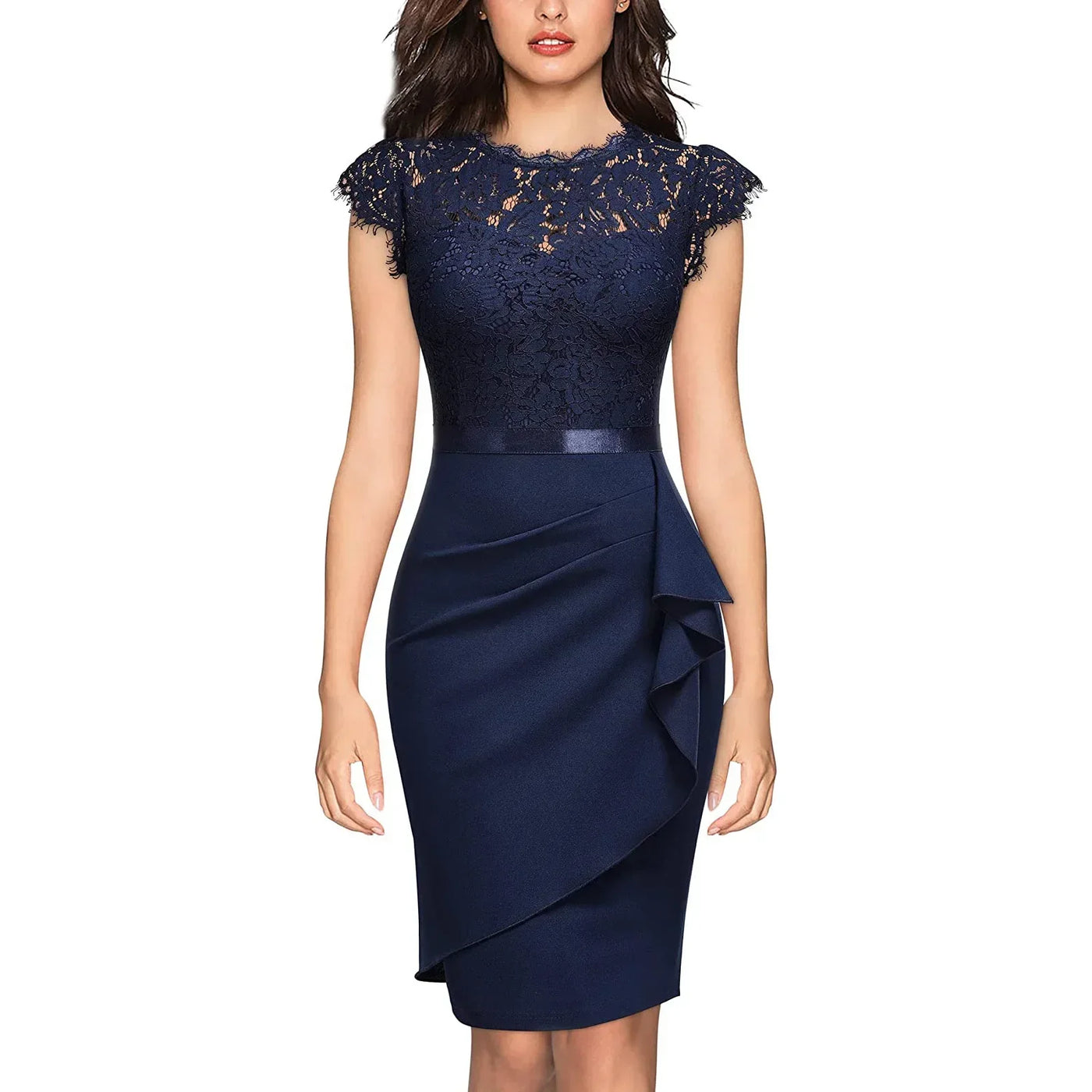 BARESY robe de bureau chic femme - Dentelle & Ceinture