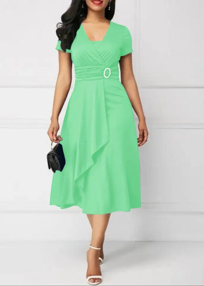 Robes d'été élégantes pour femmes, couleur unie, manches courtes, col en V, ourlet asymétrique, taille serrée, mi-longue, robe de soirée pour dames