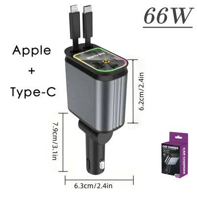 Chargeur voiture rétractable Starlight 4 en 1 – Câble USB Type-C à charge rapide pour iPhone et autres