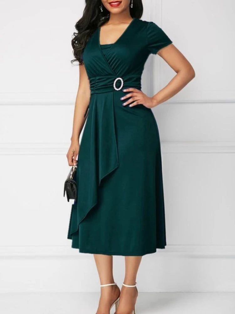 Robes d'été élégantes pour femmes, couleur unie, manches courtes, col en V, ourlet asymétrique, taille serrée, mi-longue, robe de soirée pour dames