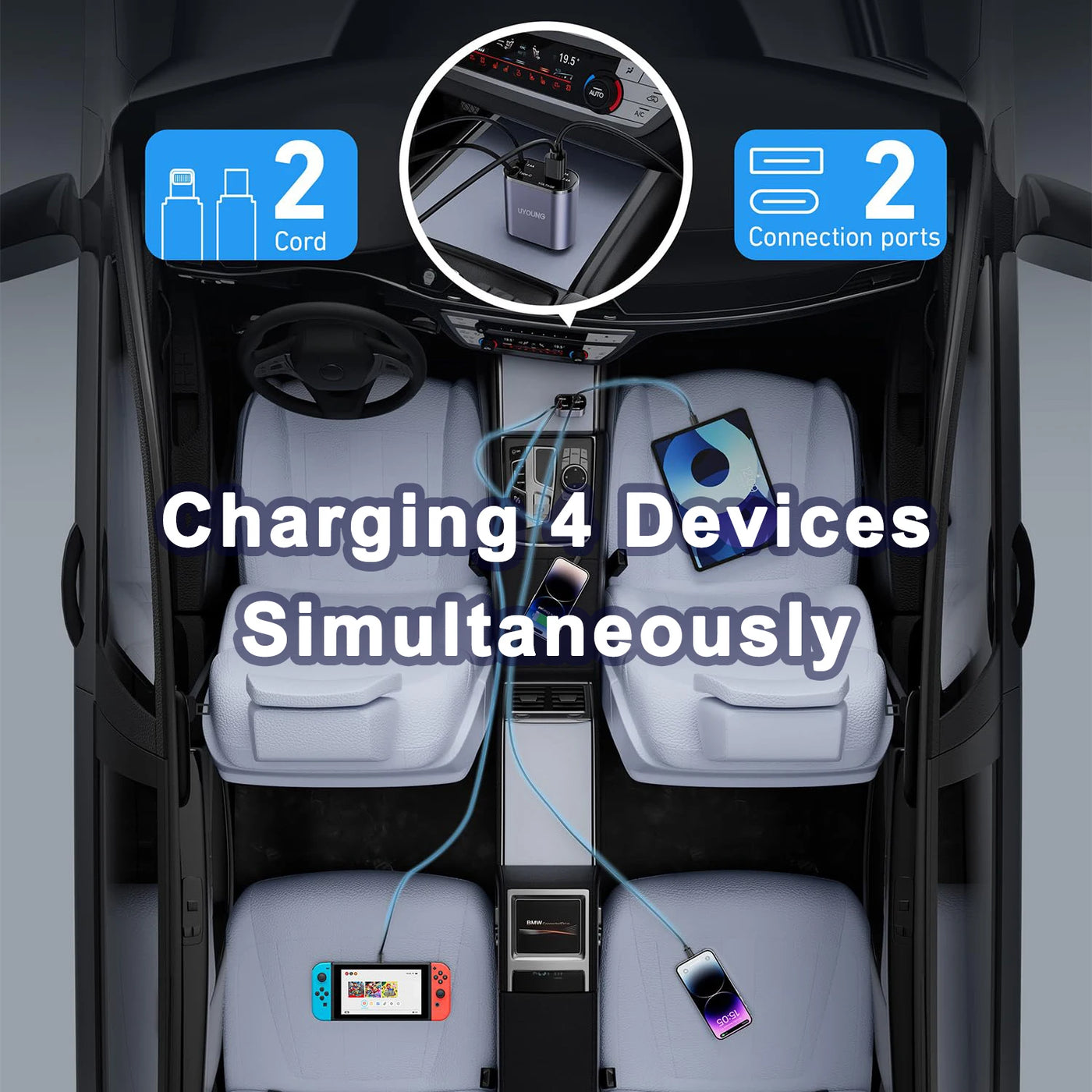 Chargeur voiture rétractable Starlight 4 en 1 – Câble USB Type-C à charge rapide pour iPhone et autres