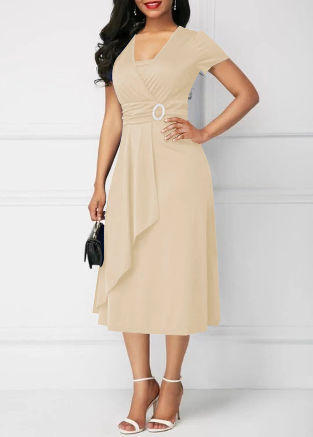 Robes d'été élégantes pour femmes, couleur unie, manches courtes, col en V, ourlet asymétrique, taille serrée, mi-longue, robe de soirée pour dames