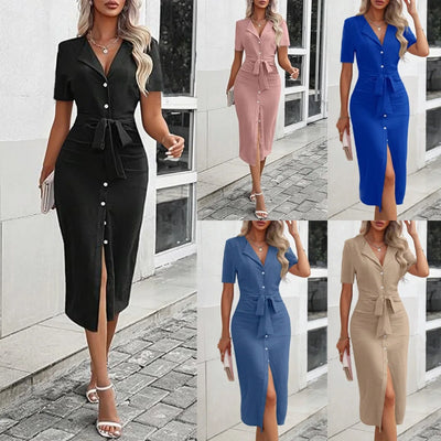 Robe d'été à revers, couleur unie, sexy, col en V, ceinture nouée, manches courtes, manches longues, ourlet fendu, coupe ajustée, simple boutonnage, pour femmes