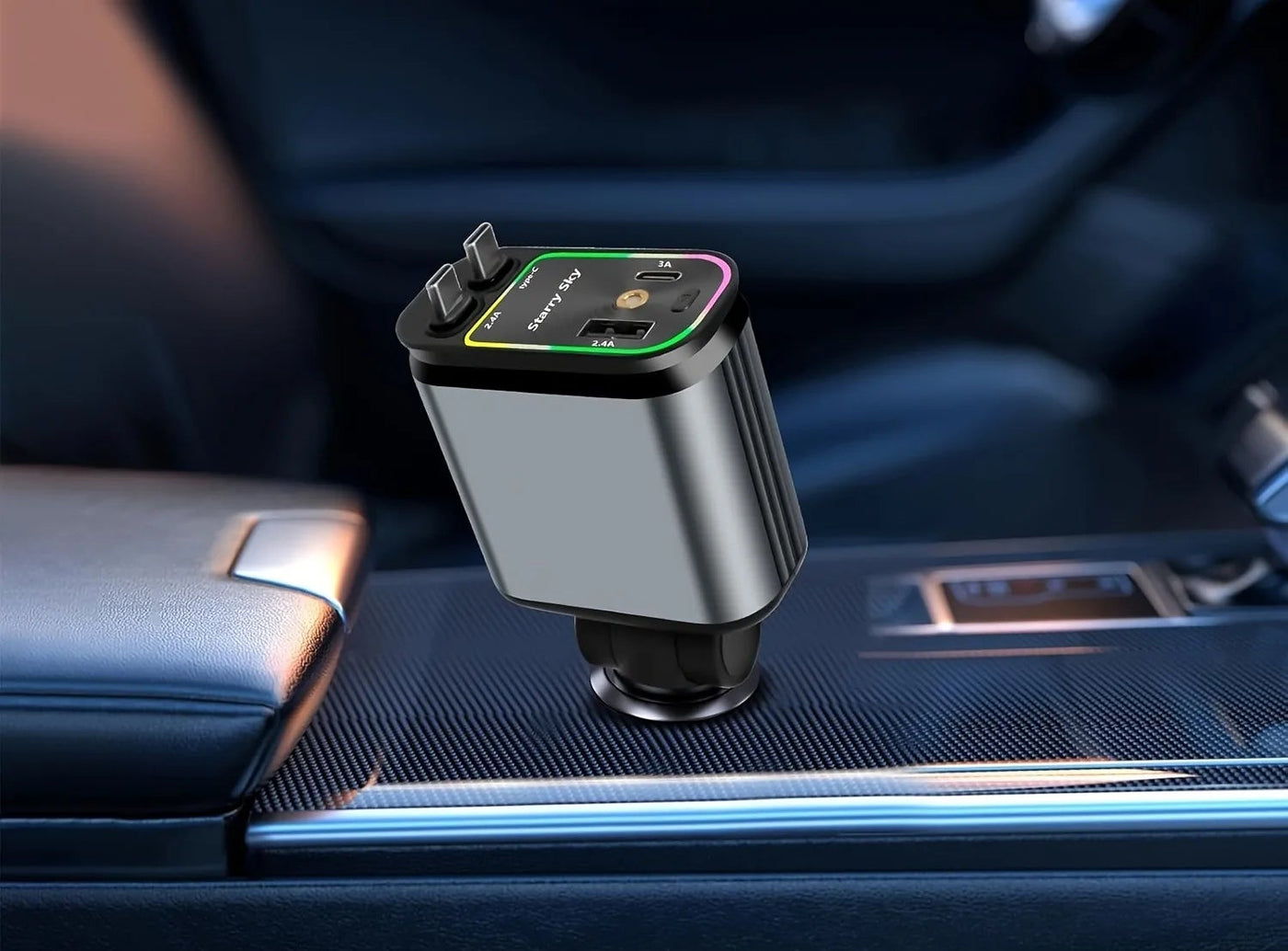Chargeur voiture rétractable Starlight 4 en 1 – Câble USB Type-C à charge rapide pour iPhone et autres