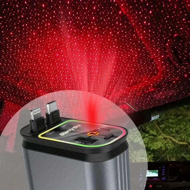Chargeur voiture rétractable Starlight 4 en 1 – Câble USB Type-C à charge rapide pour iPhone et autres