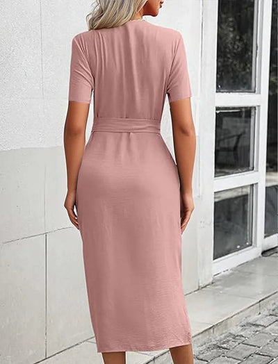 Robe d'été à revers, couleur unie, sexy, col en V, ceinture nouée, manches courtes, manches longues, ourlet fendu, coupe ajustée, simple boutonnage, pour femmes