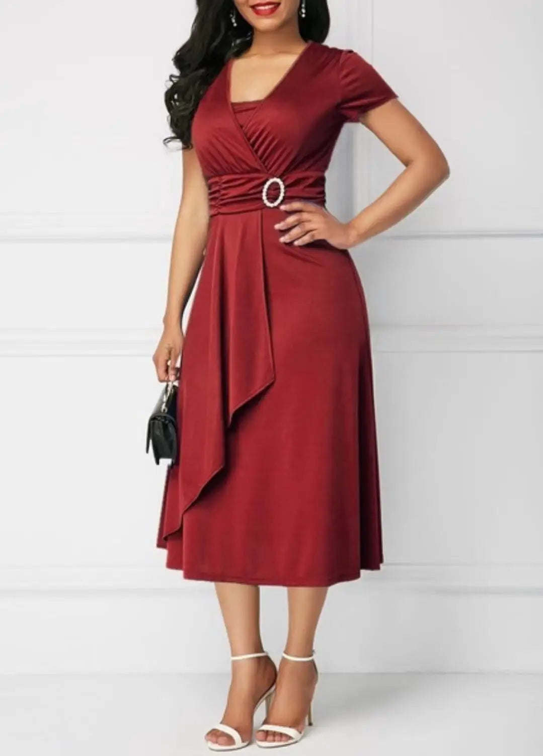 Robes d'été élégantes pour femmes, couleur unie, manches courtes, col en V, ourlet asymétrique, taille serrée, mi-longue, robe de soirée pour dames