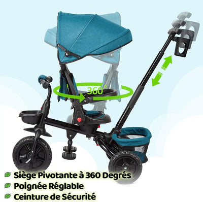 Vélo Tricycle 6 en 1 pour enfants de 10 mois à 5 ans, poussette, siège réversible, pliable.