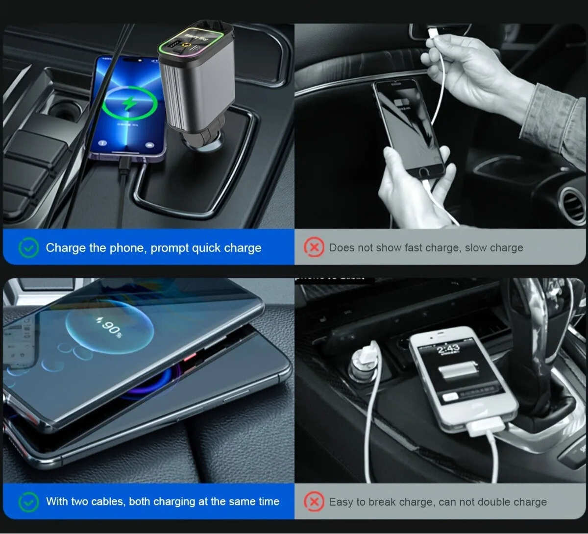 Chargeur voiture rétractable Starlight 4 en 1 – Câble USB Type-C à charge rapide pour iPhone et autres