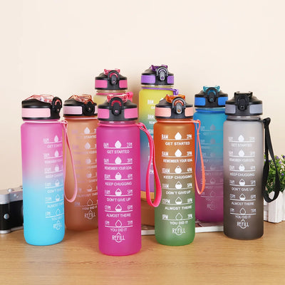 Bouteille d'eau colorante de sport avec marqueur de temps pour motivation 1 L.