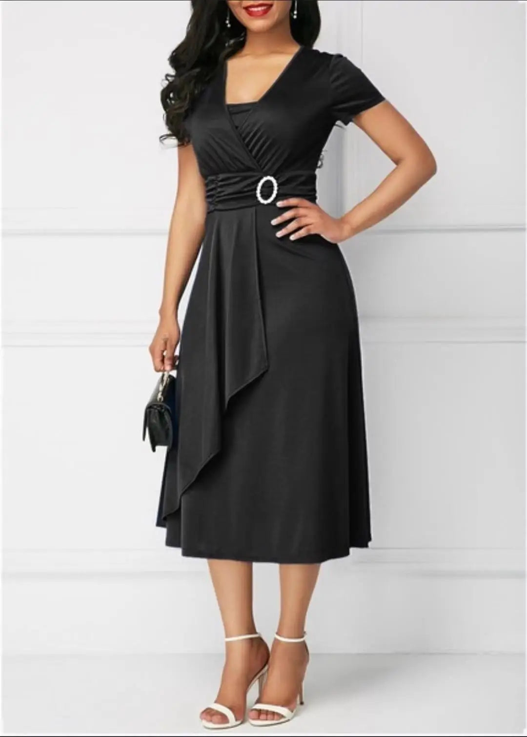Robes d'été élégantes pour femmes, couleur unie, manches courtes, col en V, ourlet asymétrique, taille serrée, mi-longue, robe de soirée pour dames