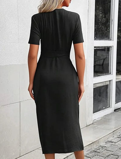 Robe d'été à revers, couleur unie, sexy, col en V, ceinture nouée, manches courtes, manches longues, ourlet fendu, coupe ajustée, simple boutonnage, pour femmes