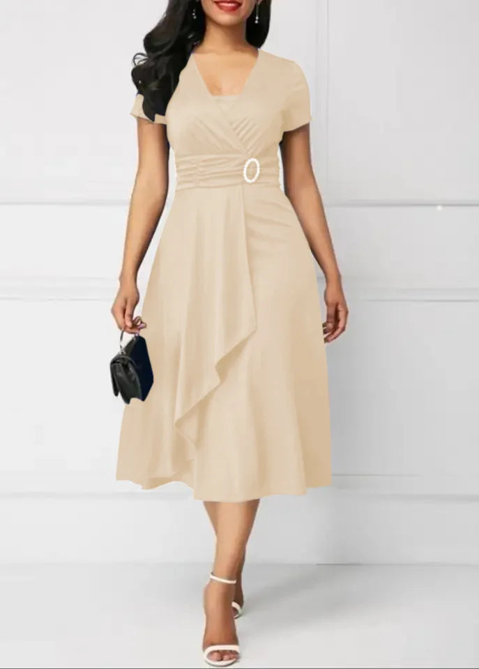 Robes d'été élégantes pour femmes, couleur unie, manches courtes, col en V, ourlet asymétrique, taille serrée, mi-longue, robe de soirée pour dames