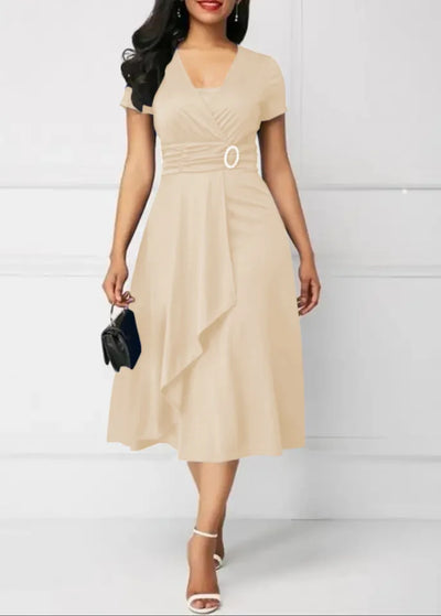 Robes d'été élégantes pour femmes, couleur unie, manches courtes, col en V, ourlet asymétrique, taille serrée, mi-longue, robe de soirée pour dames