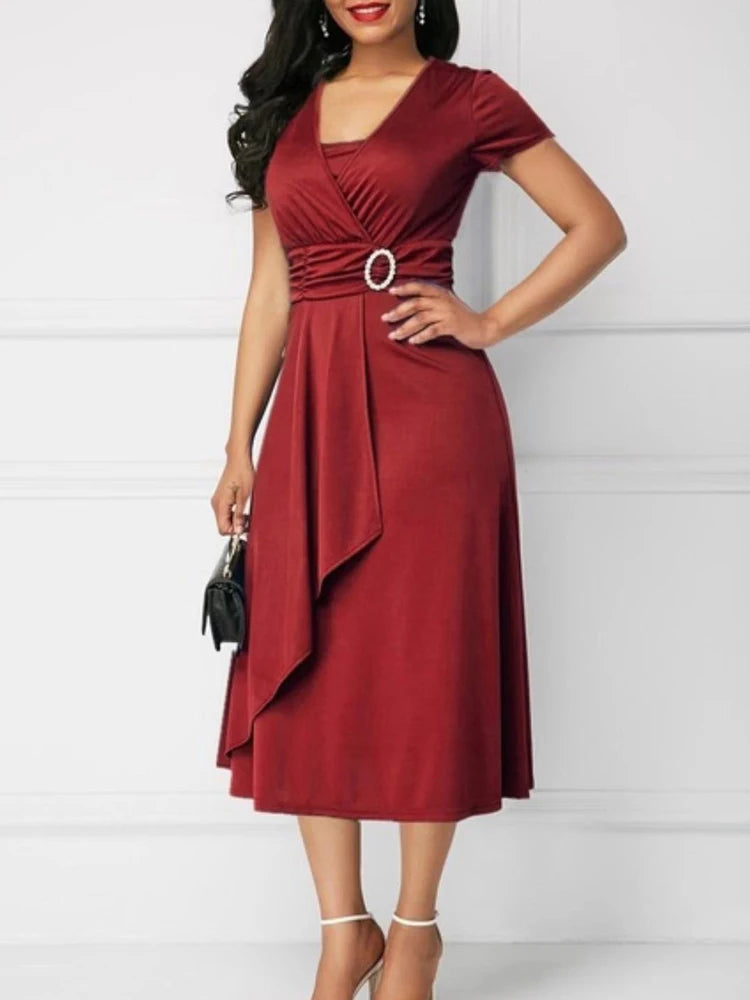 Robes d'été élégantes pour femmes, couleur unie, manches courtes, col en V, ourlet asymétrique, taille serrée, mi-longue, robe de soirée pour dames