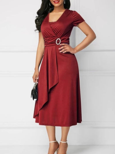 Robes d'été élégantes pour femmes, couleur unie, manches courtes, col en V, ourlet asymétrique, taille serrée, mi-longue, robe de soirée pour dames