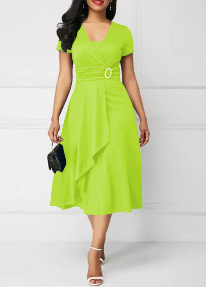 Robes d'été élégantes pour femmes, couleur unie, manches courtes, col en V, ourlet asymétrique, taille serrée, mi-longue, robe de soirée pour dames