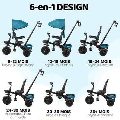Vélo Tricycle 6 en 1 pour enfants de 10 mois à 5 ans, poussette, siège réversible, pliable.