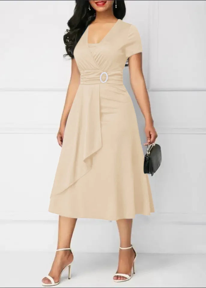 Robes d'été élégantes pour femmes, couleur unie, manches courtes, col en V, ourlet asymétrique, taille serrée, mi-longue, robe de soirée pour dames