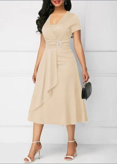 Robes d'été élégantes pour femmes, couleur unie, manches courtes, col en V, ourlet asymétrique, taille serrée, mi-longue, robe de soirée pour dames