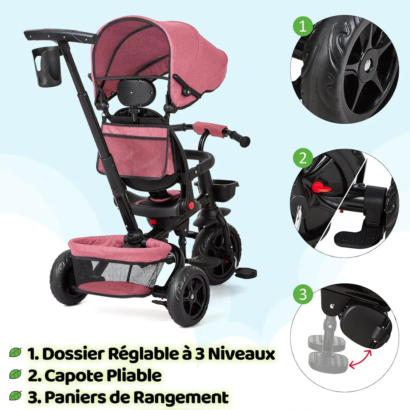 Vélo Tricycle 6 en 1 pour enfants de 10 mois à 5 ans, poussette, siège réversible, pliable.