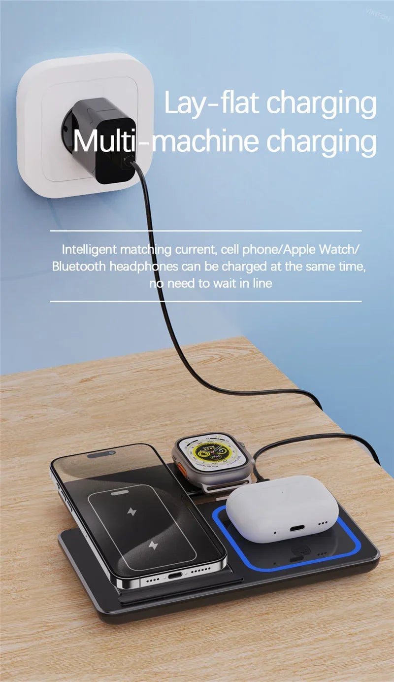 Support de charge sans fil pliable 3 en 1 pour iPhone 16, 15, 14, 13 Pro Max Plus, iWatch, AirPods 3/2, station de charge rapide
