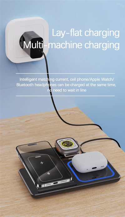 Support de charge sans fil pliable 3 en 1 pour iPhone 16, 15, 14, 13 Pro Max Plus, iWatch, AirPods 3/2, station de charge rapide