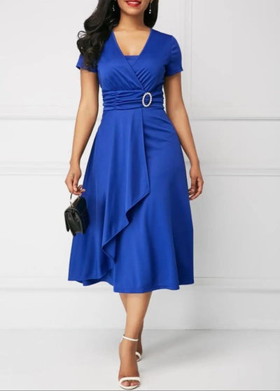 Robes d'été élégantes pour femmes, couleur unie, manches courtes, col en V, ourlet asymétrique, taille serrée, mi-longue, robe de soirée pour dames