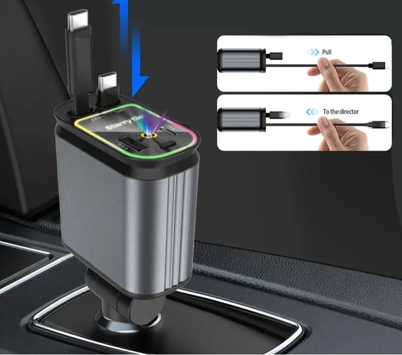 Chargeur voiture rétractable Starlight 4 en 1 – Câble USB Type-C à charge rapide pour iPhone et autres