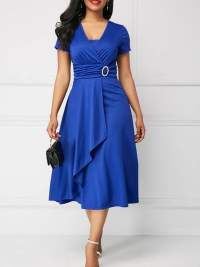 Robes d'été élégantes pour femmes, couleur unie, manches courtes, col en V, ourlet asymétrique, taille serrée, mi-longue, robe de soirée pour dames