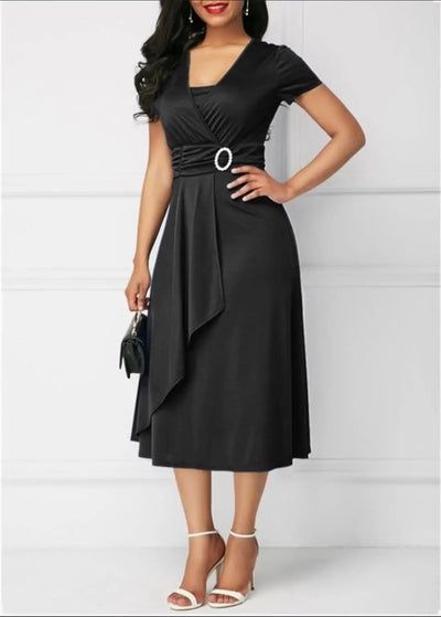 Robes d'été élégantes pour femmes, couleur unie, manches courtes, col en V, ourlet asymétrique, taille serrée, mi-longue, robe de soirée pour dames
