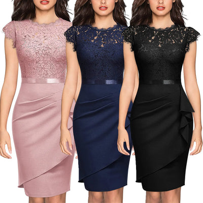 BARESY robe de bureau chic femme - Dentelle & Ceinture