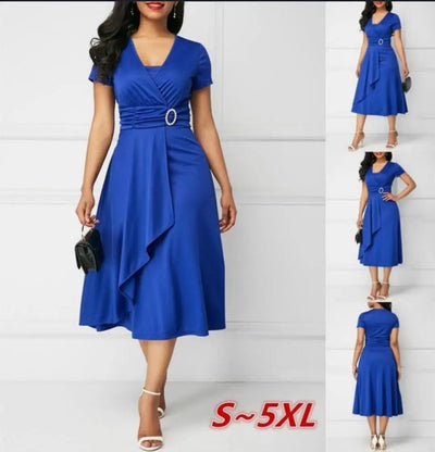 Robes d'été élégantes pour femmes, couleur unie, manches courtes, col en V, ourlet asymétrique, taille serrée, mi-longue, robe de soirée pour dames