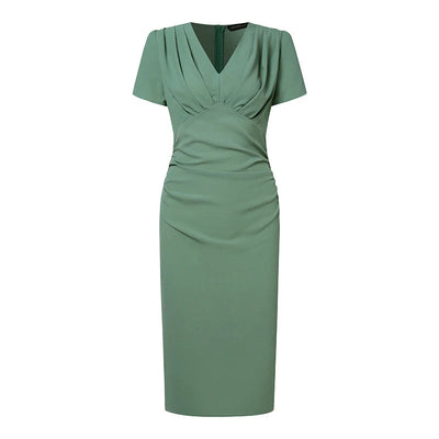 Robe De Soirée Élégante Col En V Slim Fit Bureau Travail Robe D'été Mode Robe D'été Solide Robes Plissées